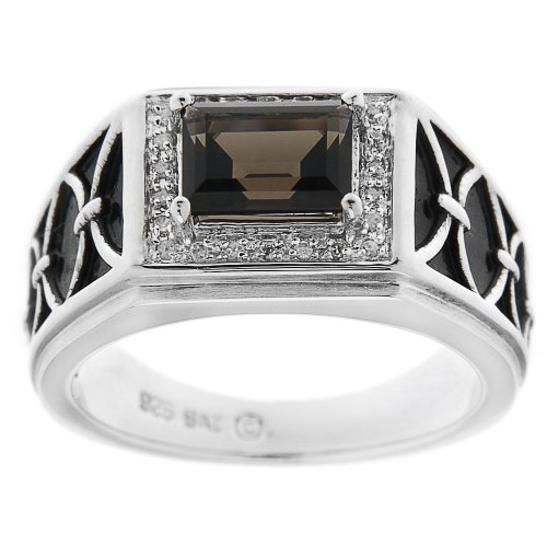 Sterling Silver Baguette Smokey Quartz and Diamond Mens Ring (0.088 cttw, I-J Color, I2-I3 Clarity), Size 10