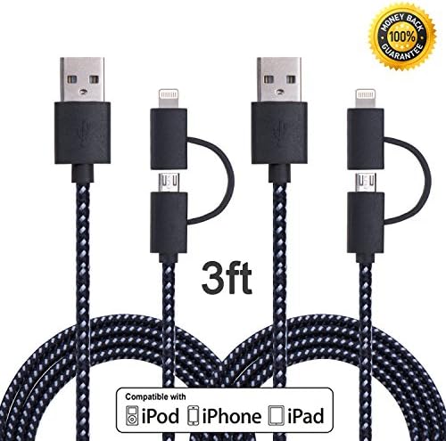 Wecharge 2PCS 3FT 2in1 Nylon Braided 8 pin Lightning& Micro USB Charging Cable for iPhone/iPad/iPod, Samsung and Other Andriod Devices(Black)