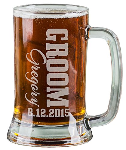 One 16 Oz Groom Groomsmen Beer Mug Wedding Party Gifts for Groom Groomsman Beer Glass Etched Engraved Custom with Name Wedding Title and a Date for Wedding, Engagement Bachelor or Bridal Party Gift or a Favor Idea Wholesale Bulk Quantity Discounts