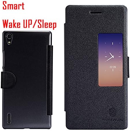 Wason@ Fresh Smart Wake up / Sleep View Window Side Flip Pu Leather Cover Pc Hard Case Shell Compatible with Wason® Tag for Huawei P7 (Black)