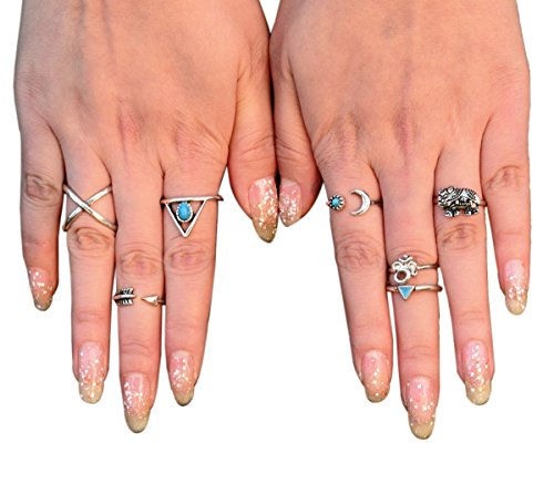 Cougar's Choice® 7 Pcs Fashion Vintage Turkish Arrow Moon Turquoise Joint Knuckle Nail Midi Ring Set Boho Ring Set (Silver)