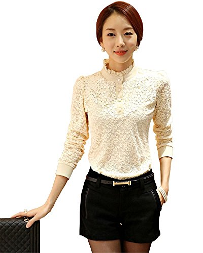 カッコウカッコウ鳥服飾店 レディース スタンド カラー 立ち襟 ブラウス シャツ レース フリル マダム お嬢様 エレガント ホワイト アプリコット ブラック S M L XL XXL XXXL