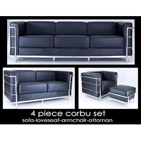 Black EuroModerno Leather Corbu Sofa Set