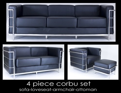 Black EuroModerno Leather Corbu Sofa Set