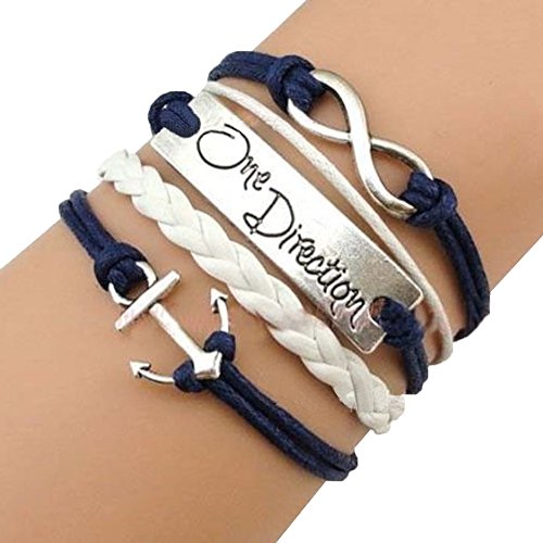 Vintage Silver One Direction Infinity Anchor Bracelet Navy White Leather Rope Handmade