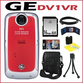 GE DV1-VR Waterproof/Shockproof 1080P Pocket Video Camera + 16 GB Memory Card + Mini Tripod + Accessory Kit
