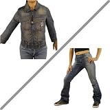 Womens Baby Phat jeans and jacket denim set. Top quality urban brand name suit set featuring a full front zip denim jacket with two chest pocket and embroidery logo design on front and metal brand badge affixed on waist. Dark washed straight leg jeans with contrast stitching, small onset cat metal logo and button affixed on front and back pocket.