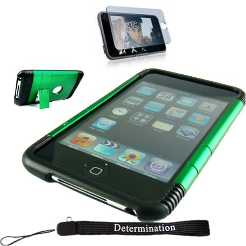 Apple iTouch 2nd Generation Premium Non OEM Hard Shell Case Cover Gardwith Screen Protector and a 4-inch Determination Hand Strap (for iPod Touch 2 and Touch 8 gb 8gb 16 gb 16gb 32 gb 32gb MP3 Player) Green-Black
