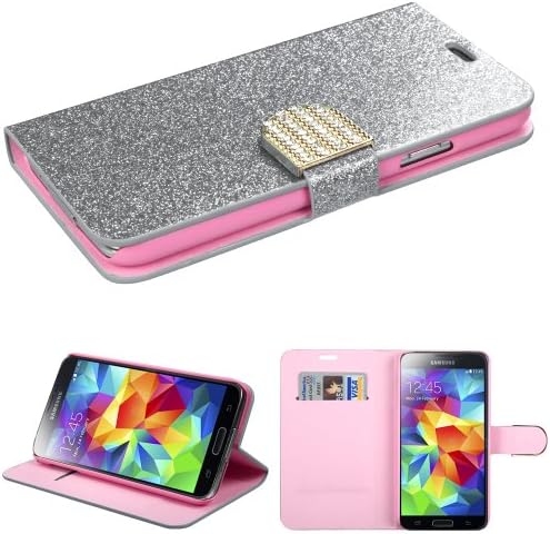 Thousand Eight(TM) For Samsung Galaxy S5 Diamond Bling Bling Flip Cocer Wallet ID Holder / Wallet Flip Case Pouch Cover + [FREE LCD Screen Protector Shield(Ultra Clear)+Touch Screen Stylus] (Diamante Belt Silver)