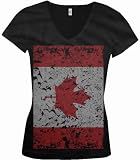Big Canadian Flag Juniors V-Neck T-shirt, Canada Pride Oversized Vintage Style Faded Flag Design Junior's V-Neck Tee Shirt