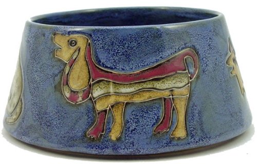 MARA STONEWARE COLLECTION - X-Large 64 Oz. Pet Feeding Or Water Dish Blue Bowl - Abstract Puppy Dog Design