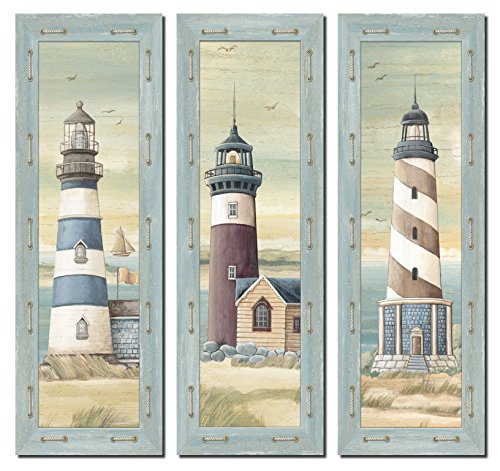 Set of 3 Lighthouse Art Prints Beach Country Coastal Décor- Three 6x18 Wood Mounted Prints
