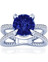18K White Gold Round Cut Blue Sapphire Ring With Sidestones