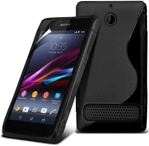 (Black) Sony Xperia E1 Protective S line Hydro Wave Gel Skin Case Cover & LCD Screen Protector Guard By Fone-Case