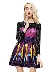 Portrait Neck Round Neck General Print Lace  Polyester/Spandex  Dress With Ruffles