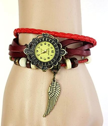 Sannsis 1PC Red Vintage Womens Leather Quartz Wing Beads Wrist Watches