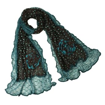 Fashion Layered Ruffle Knitted Polka Dots And Large Flowers Long Scarf - Teal Blue
