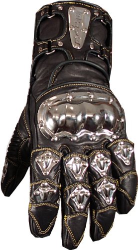 BLACK LEATHER STEEL ARMOR MOTORCYCLE RACE GLOVES XL.