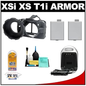 MADE Rubberized Camera Armor (Black) for Canon Rebel XSi/ XS/ T1i Digital SLR Camera + (2x) LP-E5 Battery & Charger + Accessory Kit