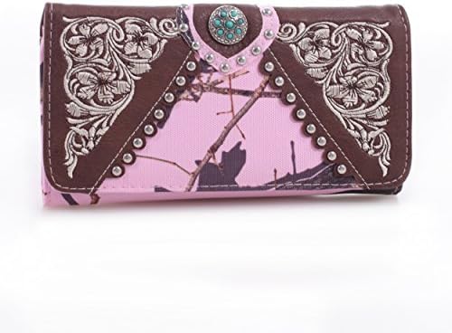 Mossy Oak Pink Camo Wallet Western Turquoise Concho &amp; Checkbook Cover Brown Trim