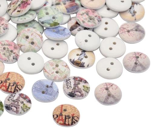 Pandahall 50 Pcs Flat Round with Buildings Dyed 2-Hole Printed Wooden Buttons, White, 15x3mm, Hole: 2mm