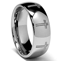 8MM Dome Tungsten Ring with Laser Etched Eternity Cross Design Size 12