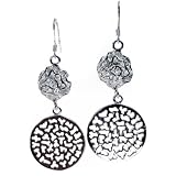 Silver Rose with Openwork Round Drop Earrings