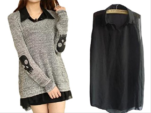 サラローズ(Sarah Rose) スカル プリント エルボー プルオーバー ニット チュニック セーター グレー レディース シースルー ブラック ブラウス  ノースリーブ 2 ピース セット フリー サイズ 秋 冬 HA0318