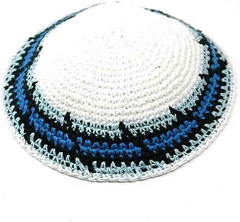 Hand Knitted Yarmulke (Kippah) Blues on White, Israeli Style Knitted Jewish Kippah
