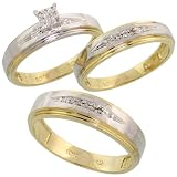 10k Gold 3-Piece Trio His (6mm) & Hers (5mm) Diamond Wedding Band Set w/ Rhodium Accent, w/ 0.11 Carat Brilliant Cut Diamonds; Ladies Size 5