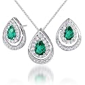 Classic Beauty 2.75 carats Pear Checkerboard Shape Created Emerald Pendant Earrings Set in Sterling Silver