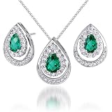 Classic Beauty 2.75 carats Pear Checkerboard Shape Created Emerald Pendant Earrings Set in Sterling Silver