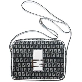 Fendi Black and Beige Zucchino Fabric and White Leather Camera Bag 8BT117-LPN-F0GR4