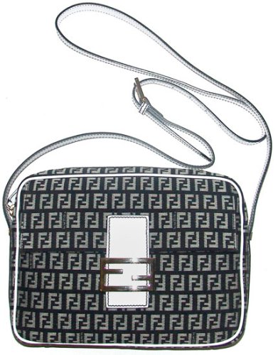 Fendi Black and Beige Zucchino Fabric and White Leather Camera Bag 8BT117-LPN-F0GR4