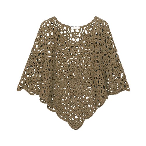 MapleClan Women’s Floral Crochet V Neck Shoulder Cape Pullover Batwing Cover Up Coffee