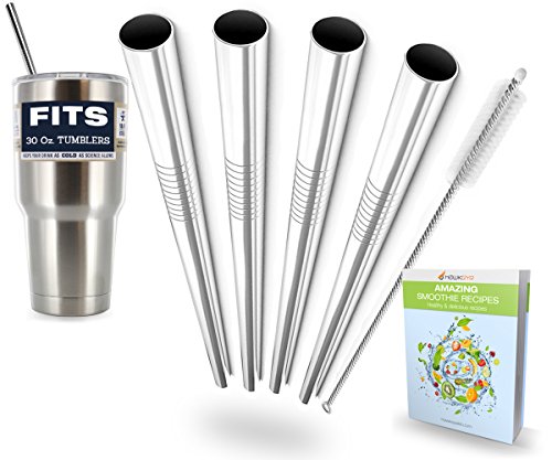 Hawkeye Set of 4 Stainless Steel Reusable Drinking Straws with FREE Cleaning Brush - Durable, BPA Free and Eco Friendly - 10.5 Inches - Fits 30 Oz and 20 Oz Yeti Rambler Tumblers and Other Tall Cups