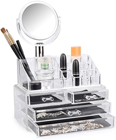 Acrylic Makeup And Jewelry Organizer, With Bonus Makeup Mirror