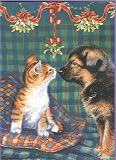 Shpeherd Puppy & Kitten Under the Mistletoe Xmas Cards