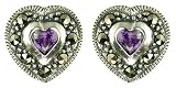 Silver Ladies Heart  With Marcasite and Amethyst Stud Earrings