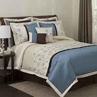 Lush Decor 8-Piece Loren Comforter Set, California King, Ivory/Blue/Brown