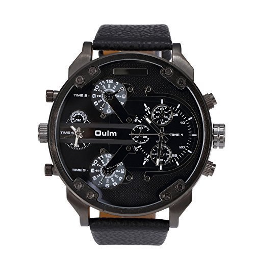 TRADERPLUS OULM BLACK Big Dial 2 Time Zone Men s Military Quartz Sport Leather Wrist Watch