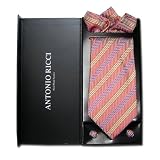 100% Silk Red/Purple/Yellow Stripes Neck Tie-Cufflink-Handkerchief Set. Mens NeckTie Cuff Link Hanky