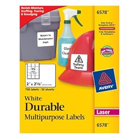 Avery Permanent Durable I.D Labels for Laser Printers, 2 x 2.625-Inches, White, Pack of 750 (6578) by 