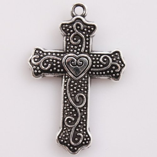 25pcs Charms Vintage Silver Cross Carved Heart Alloy Findings 32x22x3mm