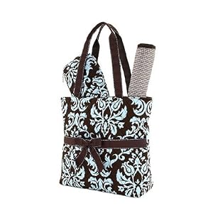 Quilted Blue and Brown Damask 3pc. Diaper Tote