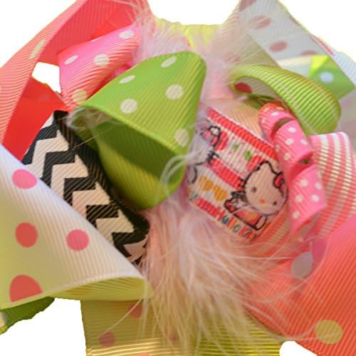 Pink Hello Kitty Polka Dot/Stripes Hair Bow with Feather Accent