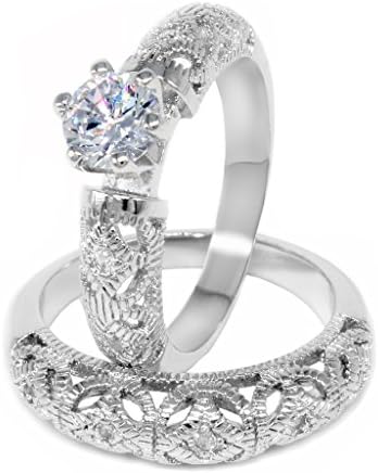 JewelStory Vintage Romantic AAA CZ Diamond Wedding Ring Set for Women Size 9