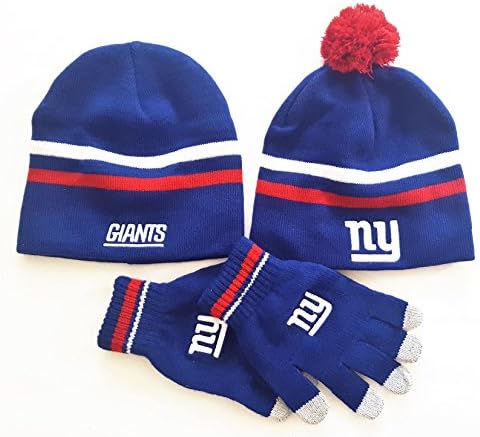 New York Giants NFL Team Gift Set - 2 Uncuffed Hats/Knit Gloves - Youth 8-20