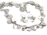 Silver Pearl Filigree Necklace Earring Set Fashion Jewelry