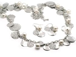 Silver Faux Pearl Filigree Necklace Earring Set Fashion Jewelry